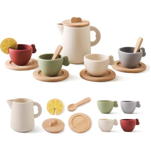 Wooden Tea Set for Little Girls, Enchanting Tea Party Set Silicone Tea Set Teapot Cups Carrying Scoop Kids Kitchen Accessories Toys Toddler Tea Set Girls Gift(13pcs)