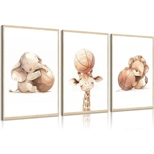 Baby Animal Nursery Wall Art Cute Safari Animals and Basketball Picture Vintage Wall Decor Giraffe Elephant and Lion Canvas Poster Print Artwork for Baby Children's Room Bedroom Decoration 12x16in
