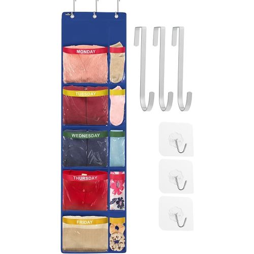 Over the Door Weekly Clothes Organizer - 5 Shelf Hanging Closet Storage with Day of the Week Labels - Weekly Clothes Organizer For Kids - Space-Saving Over Door or Wall Hanging Organizer (Blue)