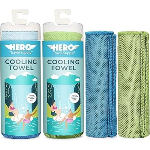 Hero Cooling Towel for Travel, Hiking, Sports, Yoga (2-Pack) Ultra Soft Microfiber 40" x 12" (Blue/Green)