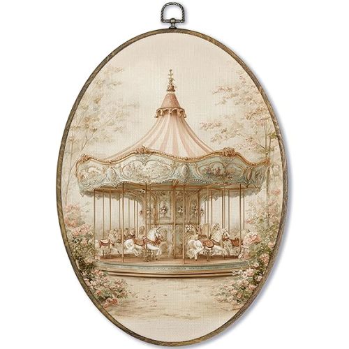 Fewgb Vintage Girls Nursery Carousel Oval Wall Art Decor, Baby Girls Toddler Kids Room Playroom Bedroom Canvas Wall Art Framed Prints, Cottagecore Whimsical Hanging Room Decor Picture Artwork 9x12