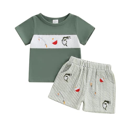 Toddler Baby Boy Fishing Outfit Short Sleeve Crew Neck Shirt and Plaid Elastic Waist Shorts Set Infant Summer Clothes