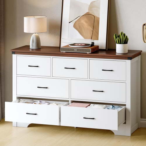 Farmhouse 7 Drawer Dresser for Bedroom, 51" Wide Chest of Drawers, Wooden Dresser TV Stand, Storage Dressers Organizer for Bedroom, Living Room, Hallway