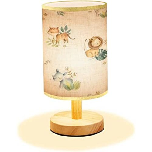 LOPYEIJFG Minimalist Bedside Table Lamp Safari Animals Watercolor Cute Baby Nursery Seamless Wood Nightstand Lamp Bedside Desk Lamp Wood Base Flaxen Fabric Shade for Bedroom Living Room, 5.5x11inch