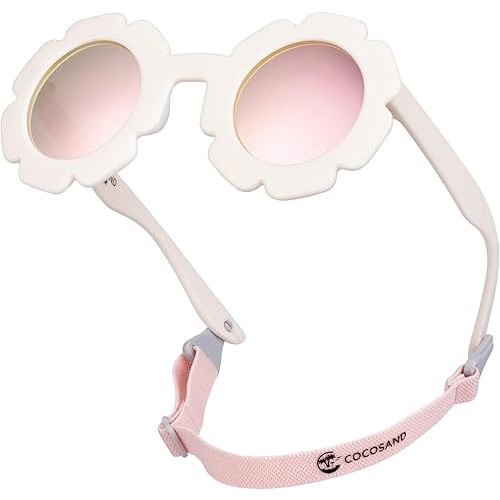 COCOSAND Toddler Sunglasses with Strap Polarized Lens Retro Flexible Flower Frame for Baby Kids Boys Girls Age 3-24 Months