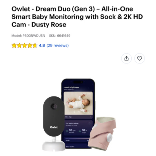Owlet - Dream Duo 2 Smart Baby Monitor: FDA-Cleared Dream Sock and Cam 2 HD Wi-Fi Video - Mint