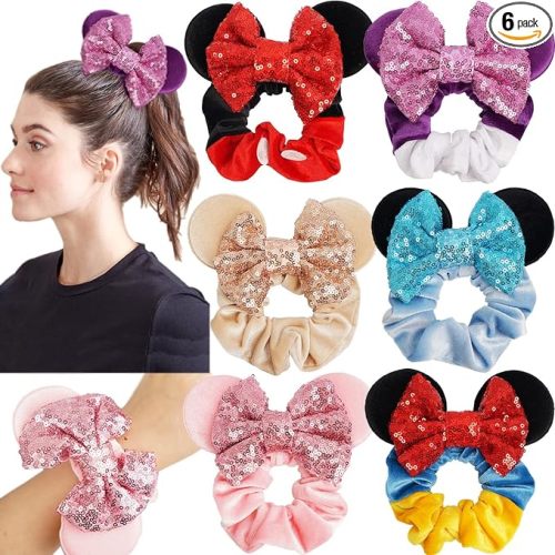 6 Pack Mouse Ears Scrunchies Velvet Sparkle Sequin Mouse Bows Hair Scrunchies Hair Ties Elastic Rubber Bands Ponytail Holders for Kids Women Girls Christmas Party Decoration