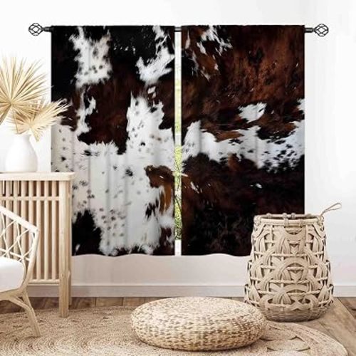 Cow Print Curtains, Rustic Brown Cowhide Cow Printed Pattern Farmhouse Western Blackout Small Curtains for Bedroom Living Room Kitchen Highland Cow Skin Fur Window Treatments 2 Panel, 55x39 Inch