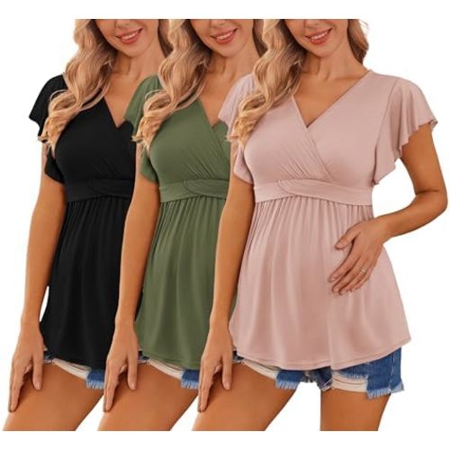 Ekouaer Maternity Shirts 3 Packs Flying Short Sleeve Nursing Tops Pregnancy Clothes