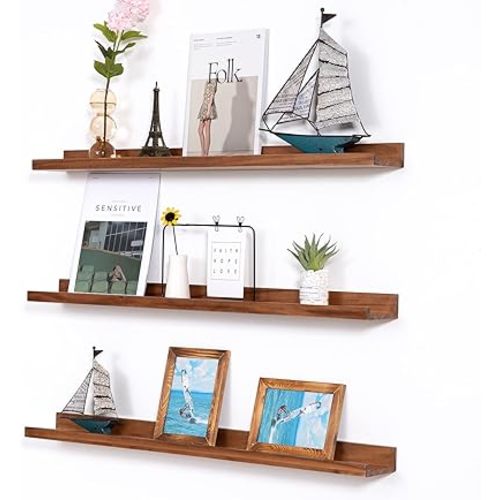 MBYD 36 Inch Photo Picture Ledge Shelf, Light Walnut Floating Wall Nursery Book Shelves Floating Bookshelf for Kids Bedroom Bathroom Kitchen Home Decoration, Set of 3
