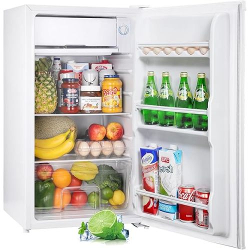 Upstreman 3.2 Cu.Ft Mini Fridge with Freezer, Single Door Mini Fridge, Dorm Fridge, Adjustable Thermostat, Mini Refrigerator for Dorm, Office, Bedroom, White-BR321