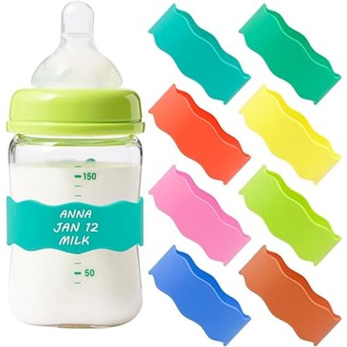8PCS Baby Bottle Labels for Daycare Reusable to Write, Baby Bottle Bands Name Tags Anti-Slip for Newborn Girl Boy Kids Gift Daycare
