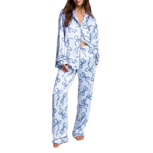 Fenghualzzniya Women Bow Pajamas Satin Pajama Set Floral Silk 2 Piece Lounge Sets Button Down Shirts Wide Leg Pants Cute Pjs