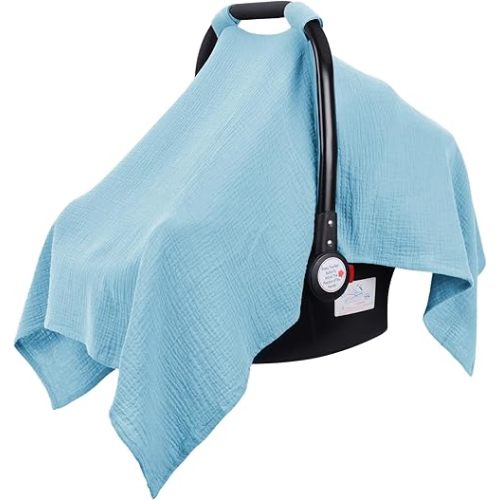 Metplus Muslin Car Seat Cover for Babies, 100% Cotton Breathable Infant Carseat Canopy for Summer, Lightweight Stroller Sunshade Covers for Newborns(Azure Blue)