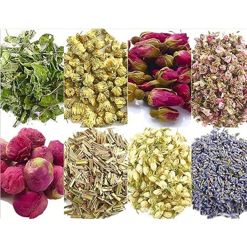 Dried Flowers and Herbs Accessories Decorations 8 Bags Set Dry Flowers Essential Supplies Rose Buds Lavender Chamomile Jasmine Scents for Flower Arrangements Crafts Bath Soap Lip Gloss Making