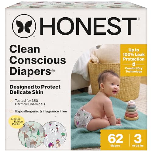 The Honest Company Clean Conscious Diapers for Delicate Skin | Up to 100% Leakproof | Hypoallergenic, Fragrance Free | Winter '25 Limited Edition Prints | Club Box, Size 3 (16-28 lbs), 62 Count