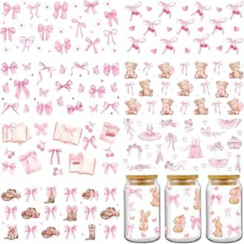 Coquettte Bows UV DTF Decals - 8 Sheets Pink Bow Cherry Uvdtf Cup Wraps for 16 oz Glass Water Bottle, Cute Bear Cowboy Hat Transfer Stickers for Craft Decal Decorate Birthday Gift for Girlfriend