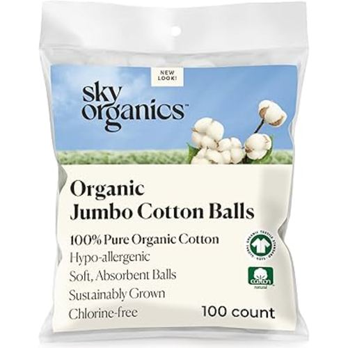 Sky Organics Organic Jumbo Cotton Balls for Sensitive Skin, 100% Pure Organic Cotton Sustainably Grown, Chlorine Free, Hypoallergenic, Ultra-Soft and Absorbent for Beauty,Personal Care, 100 ct w Ebook