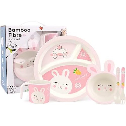 Kids Dinnerware Set 5-Pieces Includes Divided Plate Bowl Cup Fork Spoon Utensils, BPA Free Bamboo Fiber Material Perfect for Toddler Girls (Pink - Rabbit Theme)