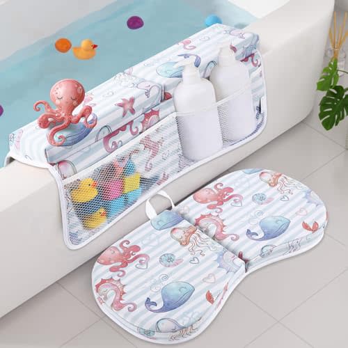 Bath Kneeler and Elbow Rest Pad Set, Jellyfish Design 1.5" Thick Comfortable Kneeling Cushion with Organizer Pockets - Quick Drying, Foldable, Non-Slip for Bathing Time(Jellyfish)