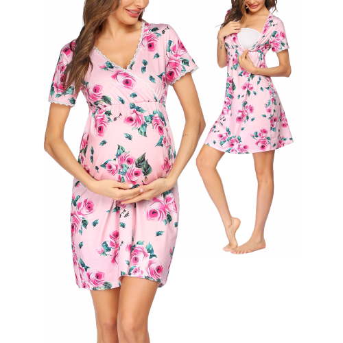 Avidlove Women 3 in 1 Delivery/Labor/Nursing Nightgown Short Sleeve Pleated Maternity Sleepwear for Breastfeeding Sleep Dress(S-XXL)