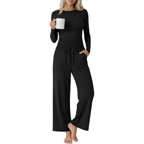 Evervibe Women's 2 Piece Lounge Set Long Sleeve Crew Neck Top Drawstring Wide Leg Pants Casual Tracksuit Matching Set