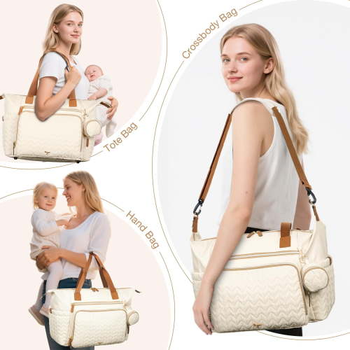 Large Waterproof Diaper Bag Tote with Changing Pad & Pacifier Case, Travel Baby Bag for Labor Delivery Hospital, Beige