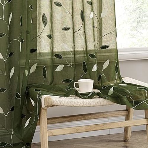 MIULEE Olive Green Sheer Curtains 2 Panels Leaf Patterned, W52 x L84