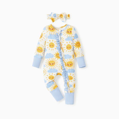 PatPat Baby Girl Romper Bodysuits with Bamboo Viscose 2-Way Zipper Fold-Over Mitten with Ruffle Headbands Newborn Infant Clothes 0-3 Months