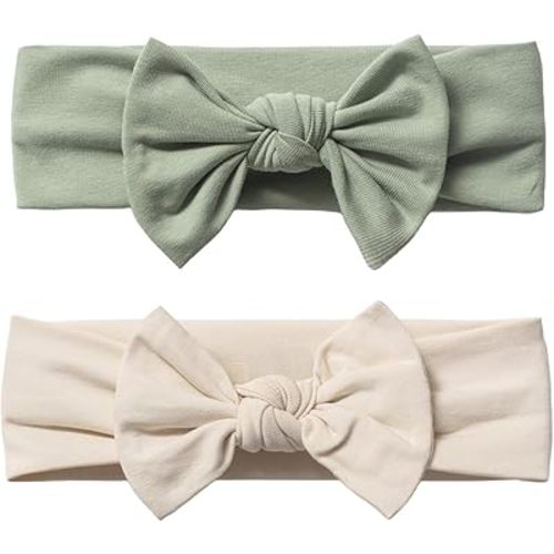 Baby Girl Headbands-Infant,Toddler Cotton Handmade Hairbands with Bows Child Hair Accessories (2, Light Beige-Linden Green, 3-36 Month)