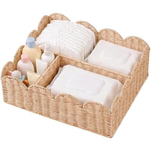 Rattan Diaper Caddy with Divider, Wicker Scalloped Baby Basket
