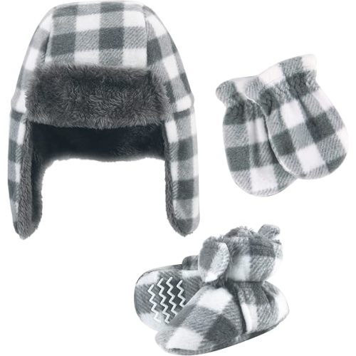 Hudson Baby Girls Trapper Hat, Mitten and Bootie Set Cold Weather Hat, Charcoal White Plaid, 0-6 Months US