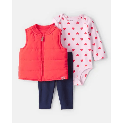 Baby Girl 3-Piece Puffer Vest Outfit Set - Red | Carter's