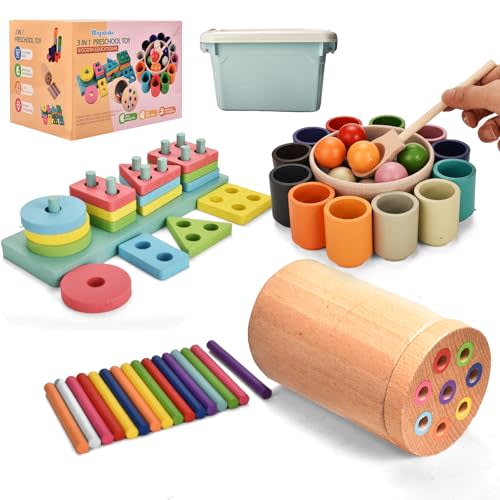 Montessori Toys for 1-3 Year,3 in 1 Wooden Learning Fine Motor Skills Toys Rainbow Color Sorting Toy for Toddlers - Preschool Color Matching, Educational Color Recognition ShapeSorter Boys Girls Gifts