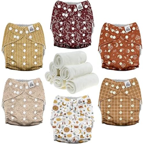 Mama Koala 3.0 Pocket Cloth Diapers for Babies with AWJ Lining, 6 Pack with 6 4-Layer Natural Cloth Diaper Inserts - Reusable and Washable Pocket Diapers(Lucky Colors)
