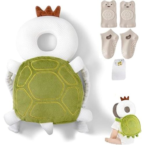 Baby Head Protector Backpack, Toddler Baby Head Protection Backpack with Baby Knee Pads Alarm Function for Walking & Crawling, Soft, Breathable and Wearing Safety Baby Head Protector- Green Turtle
