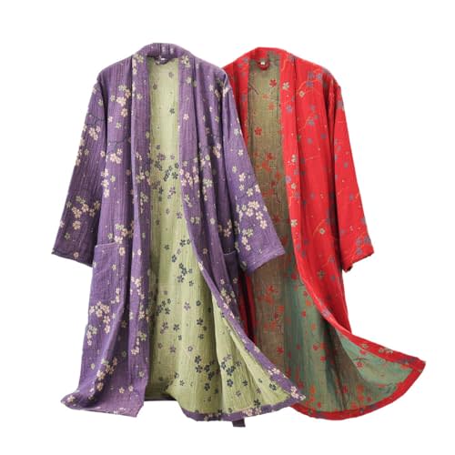 Soft Cotton Japanese Sleepwear Kimono Yukata Lightweight Bathrobe Nightgown Breathable Pajamas Set Women