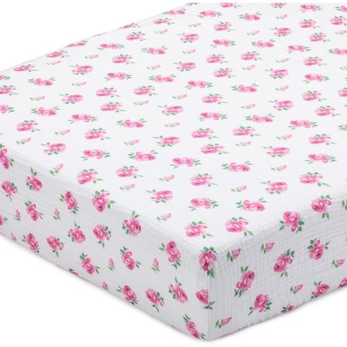 LollyBanks Fitted Crib Sheet 1 Pack, Soft and Breathable 100% Cotton Muslin Sheets for Baby Girls, Cozy and Snug Crib Bed Sheets for Standard 52"x28" Mattress, Baby Essentials (Rosebud Print)
