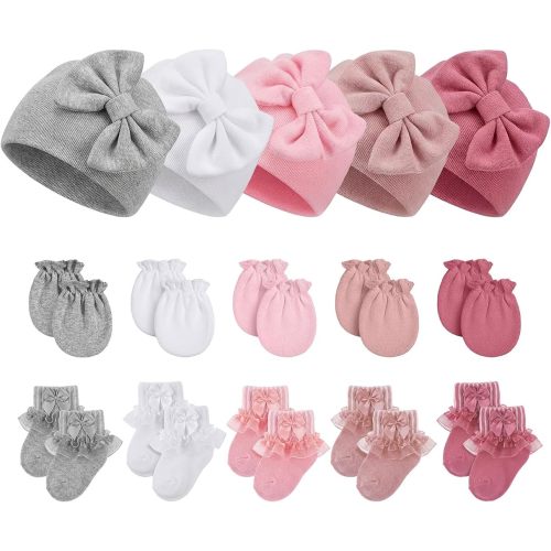 Ramede 5 Pack Preemie Newborn Hats Mittens Socks Set Cotton Bow Knot Caps Non-Scratch Gloves Ruffle Lace Socks for Girls Boys(0-3 Months,Cute Style,Neutral Pink Color)
