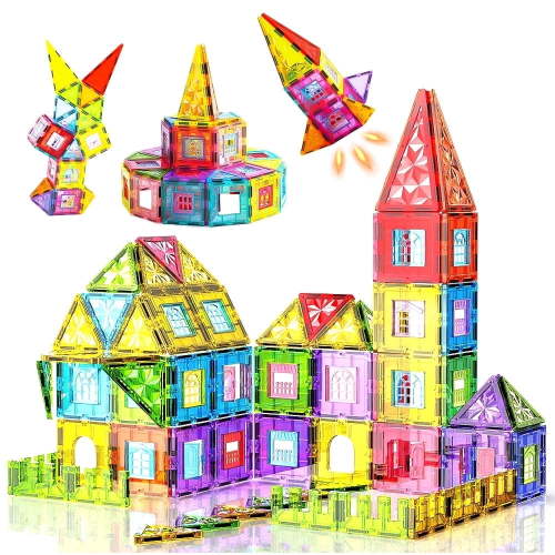 JoyStone 135PCS Magnetic Tiles Set for Kids, STEM Magnet Building Blocks Toy with Windows, Doors & Stairs, Educational Gift for Girls & Boys Age 3+