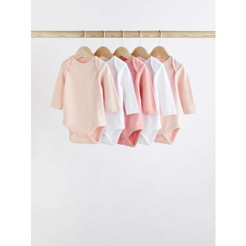 Pink/White 5 Pack Essential Long Sleeve Baby Bodysuits