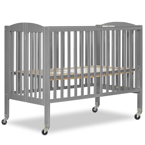 Dream On Me Folding Full-Size Convenience Baby Crib, Steel Grey, GreenGuard Gold & BSA, Portable, Patented Quick Folding System, Heavy Duty Wheels, 2 Adjustable Mattress Heights