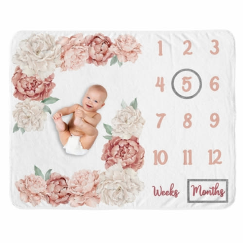 Peony Floral Garden Pink and Ivory Collection Monthly Milestone Baby Blanket