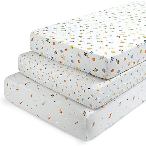 Delta Children Fitted Crib Sheets for Girls and Boys - Crib Sheet for Standard Crib and Toddler Mattresses - 28x52 Inch (Pack of 3), Space Exploration