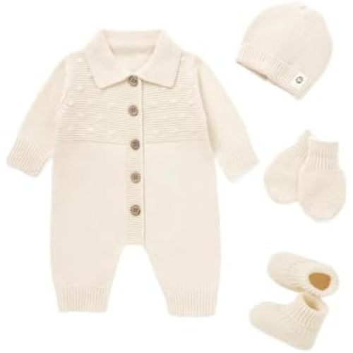 Cotton Baby Sweater Knit Romper Newborn Infant Outfit Hat Mittens Booties