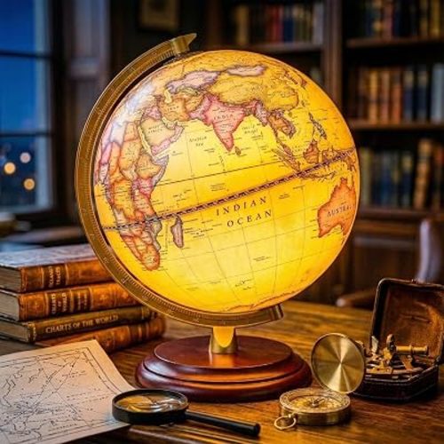 World Globe with Weighted Solid Wood Base - 8" HD Printing Illuminated Antique Desk Decor - Flicker-Free Eye-Care LED Light Up Vintage Globe - Sturdy Metal Meridian World Sphere for Adults & Kids
