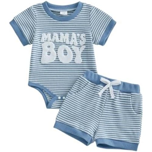 Douhoow Baby Boy Summer Outfits Short Sleeve Mamas Boy Embroidery Baby Waffle Romper Shorts Set Infant Festival Clothes