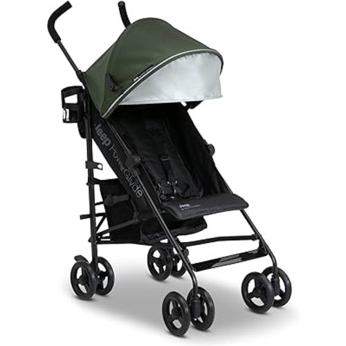 Jeep PowerGlyde Stroller by Delta Children Lightweight Travel Stroller with Smoothest Ride & Compact Fold, 3-Position Recline, Extra Large Storage Basket, Olive Green