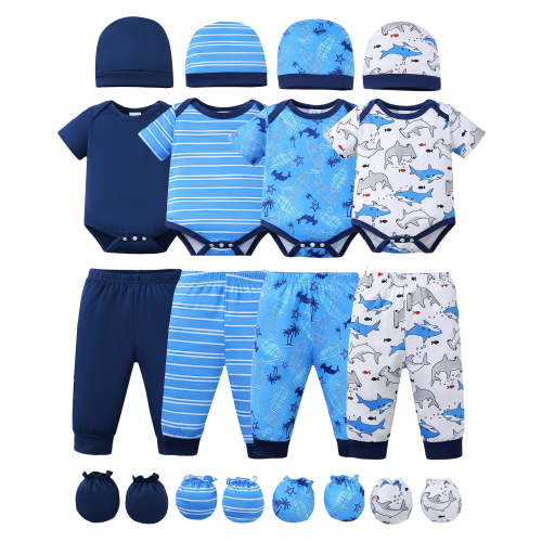 KIMI BEAR Newborn Baby Boys Layette Sets 4 Packs Shower Gift Clothes Set Short Sleeves Romper Pants Set Sharks Print with Hats and Gloves 16pcs Essentials Outfits Blue NB