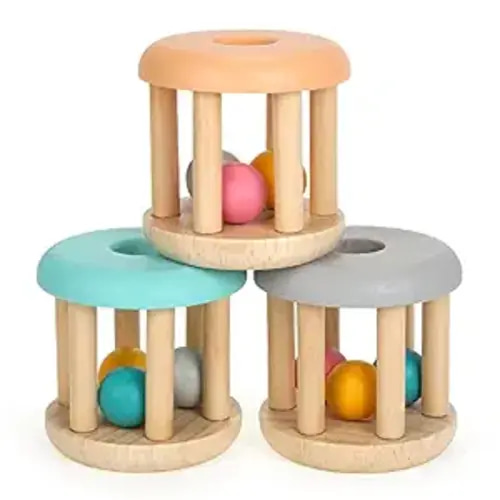 DUCKBOXX XX® Montessori Infant Educational Toys, Natural Wood Rolling Rattle Toy, Early Learning Toy for Developing Fine Motor Skills and Color Recognition, for Ages 0m–2yrs (Burlywood Base - 3pcs)